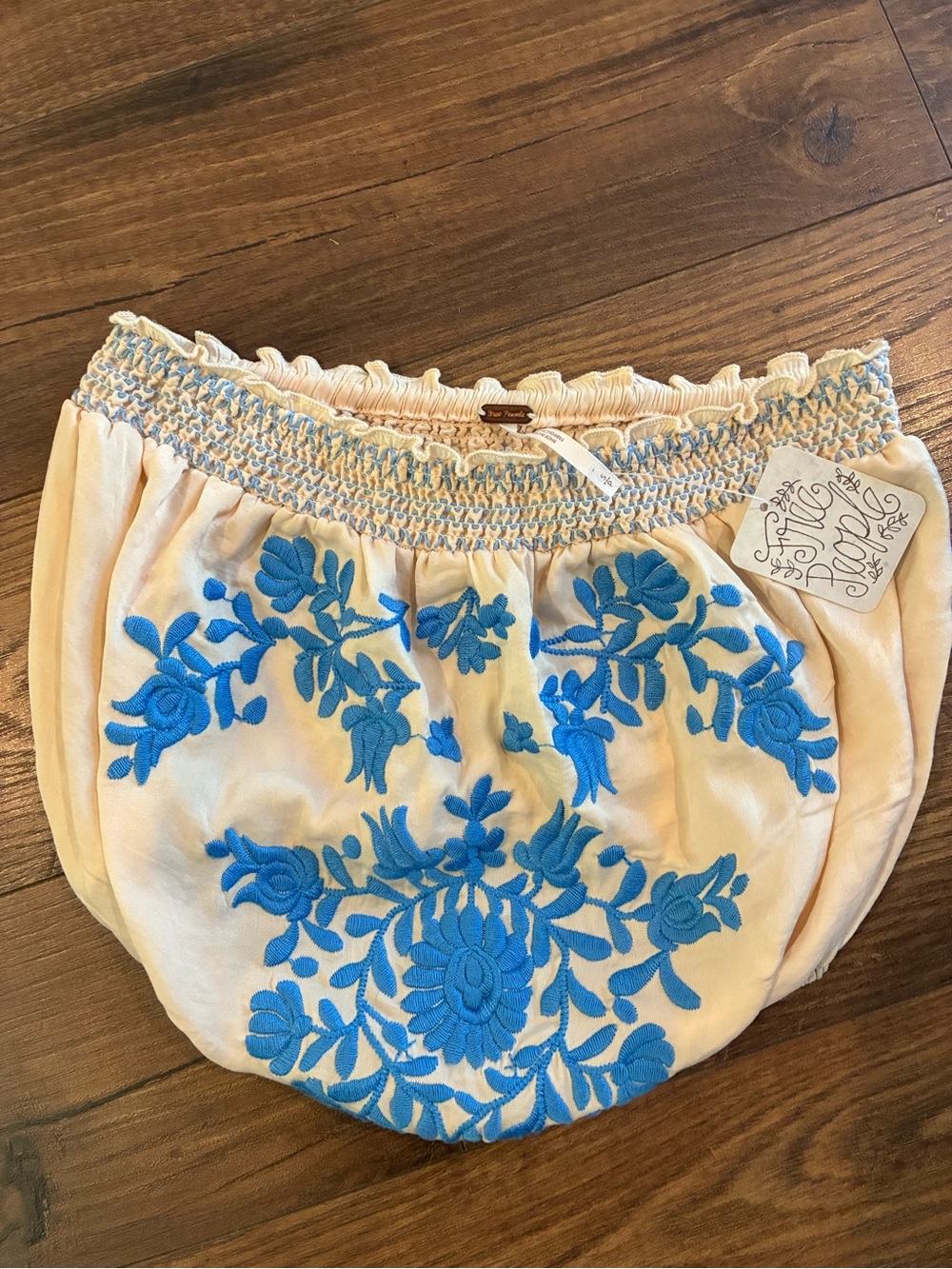 Free People Cream Tube Top with Bright Blue Floral Embroidery